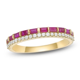 Baguette-Cut Natural Ruby & Diamond Two-Row Ring 1/6 ct tw 10K Yellow Gold