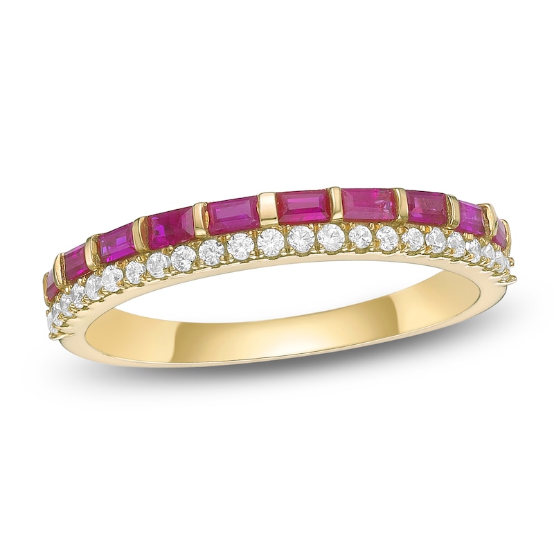 Main Image 1 of Baguette-Cut Natural Ruby & Diamond Two-Row Ring 1/6 ct tw 10K Yellow Gold