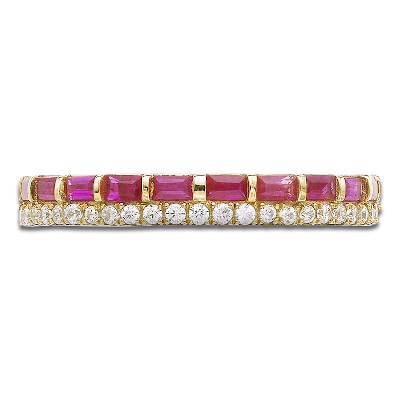Main Image 3 of Baguette-Cut Natural Ruby & Diamond Two-Row Ring 1/6 ct tw 10K Yellow Gold