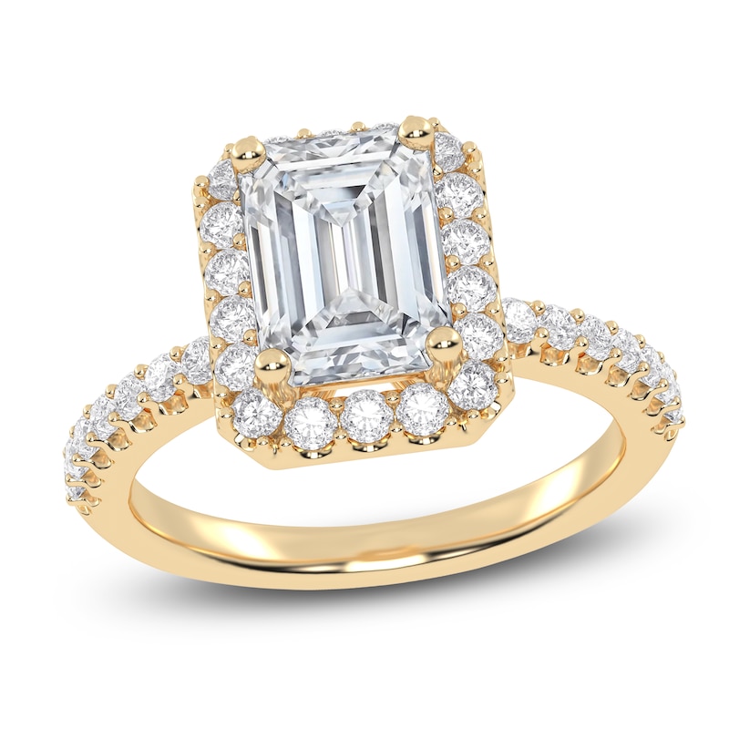Main Image 1 of Emerald-Cut Lab-Grown Diamond Halo Engagement Ring 2 ct tw 14K Yellow Gold