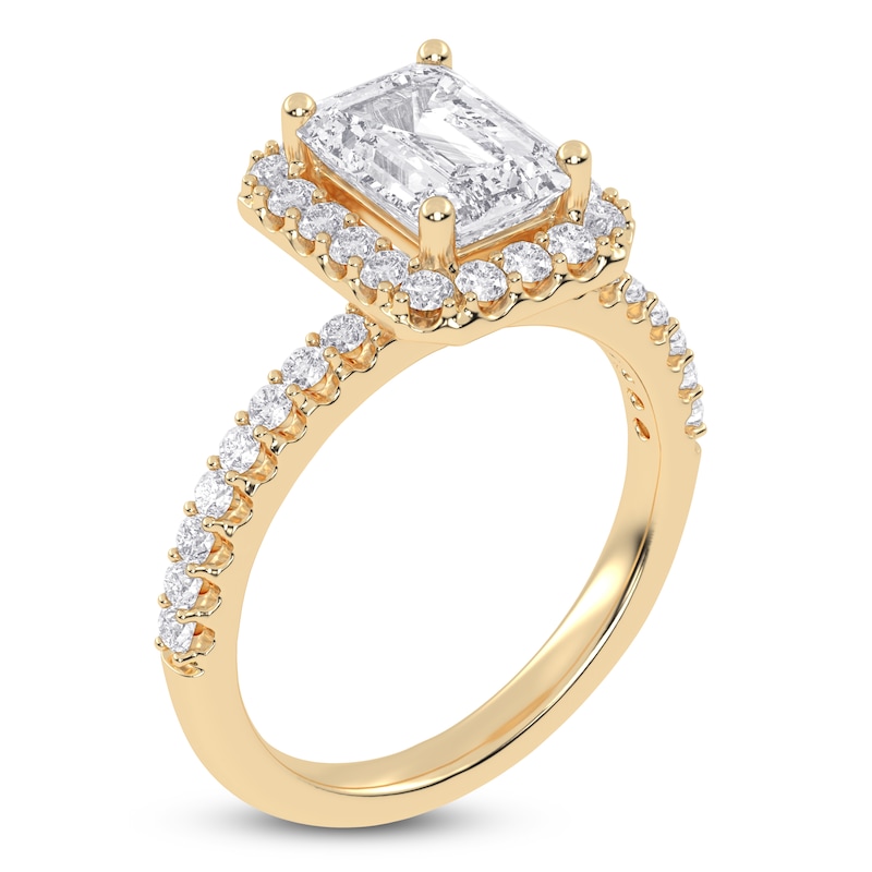 Main Image 2 of Emerald-Cut Lab-Grown Diamond Halo Engagement Ring 2 ct tw 14K Yellow Gold