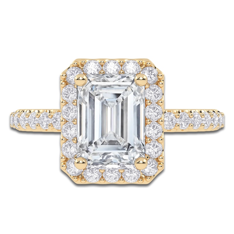 Main Image 3 of Emerald-Cut Lab-Grown Diamond Halo Engagement Ring 2 ct tw 14K Yellow Gold