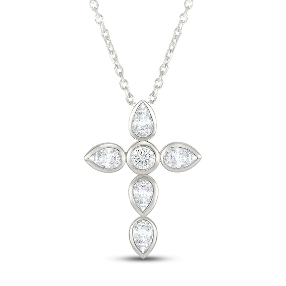 Jared Signature Bezel Collection Pear-Shaped & Round-Cut Lab-Grown Diamond Cross Necklace 1/2 ct tw Sterling Silver 18"