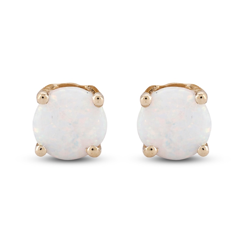 Main Image 1 of Lab-Created Opal Earrings Round-Cut 14K Yellow Gold
