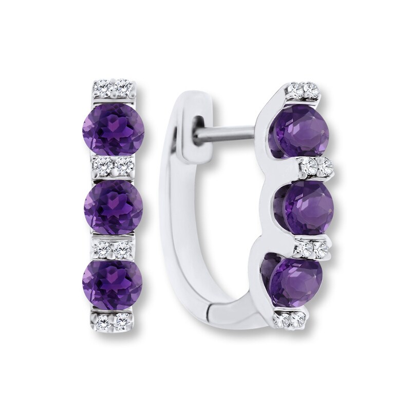 Main Image 1 of Amethyst Hoop Earrings 1/20 ct tw Diamonds Sterling Silver