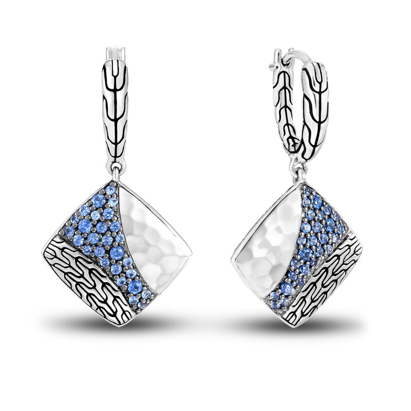 John Hardy Classic Chain Square Drop Earrings Natural Blue Sapphire Sterling Silver