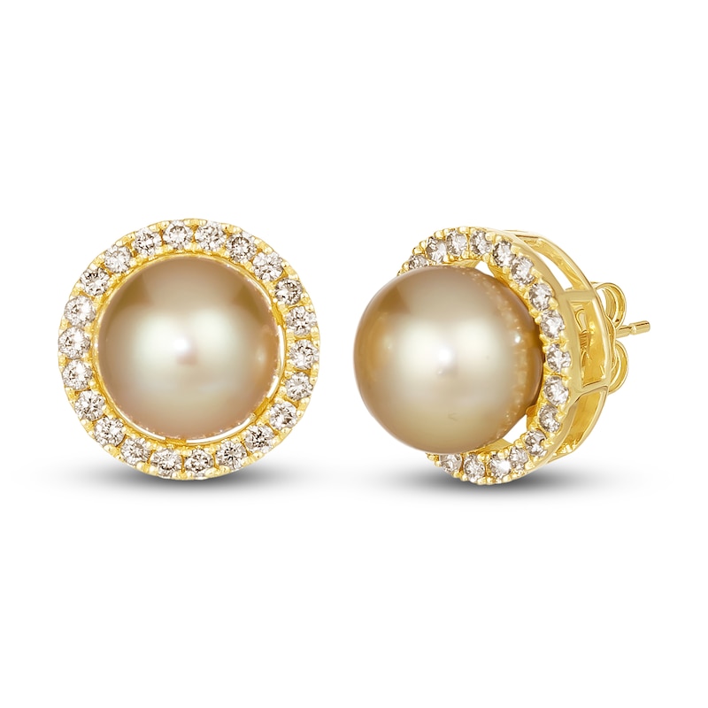 Le Vian Cultured South Sea Pearl Earrings 3/4 ct tw Diamonds 14K Honey Gold with 360