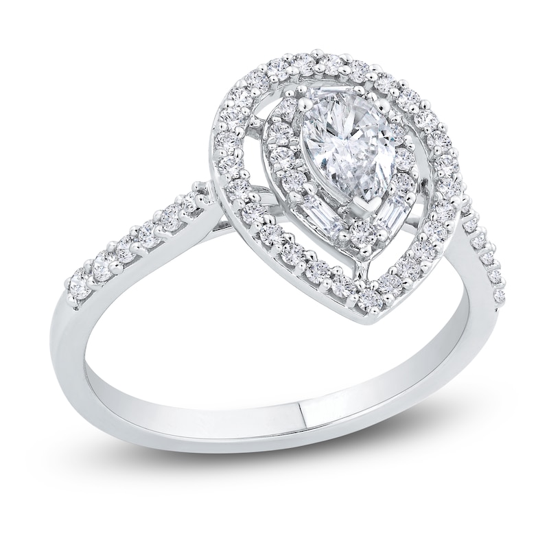 Diamond Engagement Ring 7/8 ct tw Pear-shaped/Round/Baguette 14K White Gold