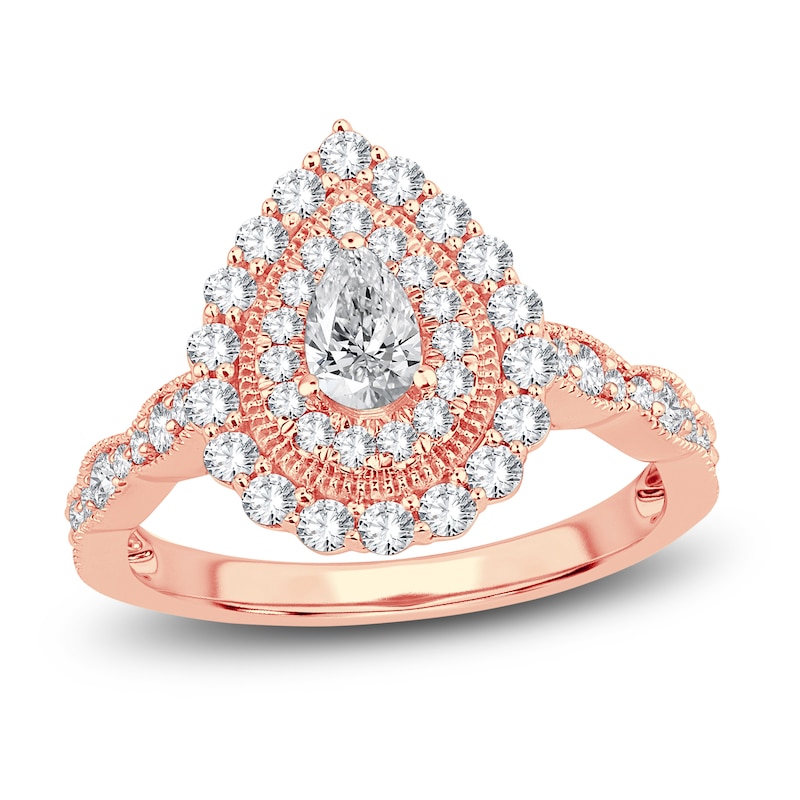 Main Image 1 of Diamond Double Halo Engagement Ring 1 ct tw Pear 14K Rose Gold