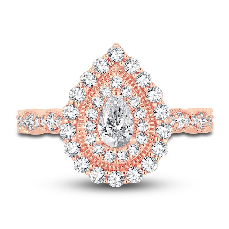 Main Image 3 of Diamond Double Halo Engagement Ring 1 ct tw Pear 14K Rose Gold