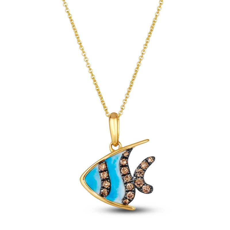 Main Image 1 of Le Vian Diamond Fish Pendant Necklace 1/4 ct tw Round Blue Enamel 14K Honey Gold 19"