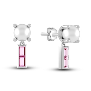 Juliette Maison Natural Pink Tourmaline Baguette and Freshwater Cultured Pearl Earrings 10K White Gold