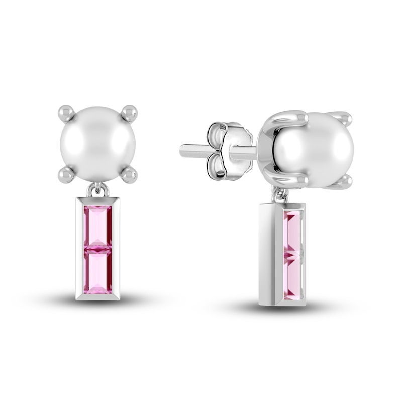 Main Image 1 of Juliette Maison Natural Pink Tourmaline Baguette and Freshwater Cultured Pearl Earrings 10K White Gold