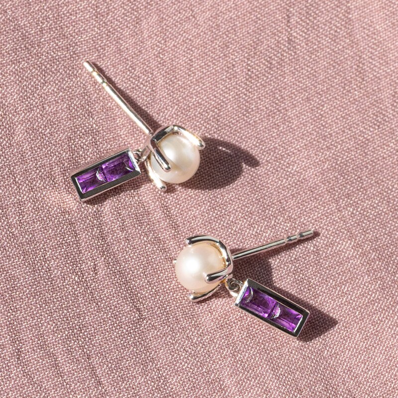 Main Image 5 of Juliette Maison Natural Pink Tourmaline Baguette and Freshwater Cultured Pearl Earrings 10K White Gold