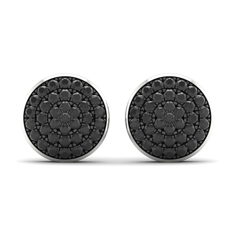 Main Image 1 of Men's Black Diamond Stud Earrings 1 ct tw Round 10K White Gold