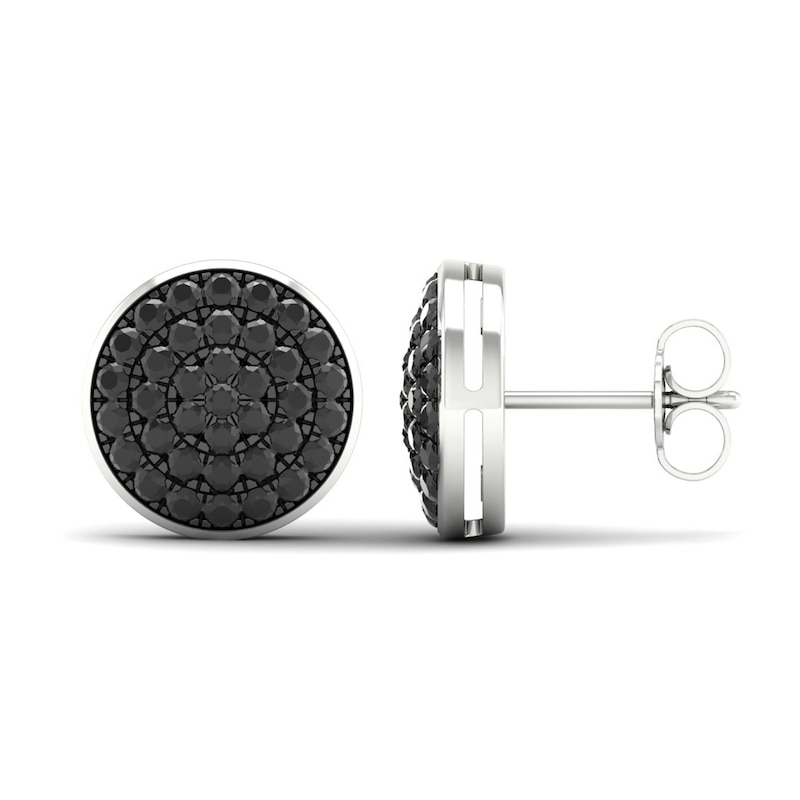 Main Image 2 of Men's Black Diamond Stud Earrings 1 ct tw Round 10K White Gold