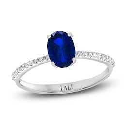 LALI Jewels Natural Blue Sapphire Engagement Ring 1/10 ct Diamonds 14K White Gold