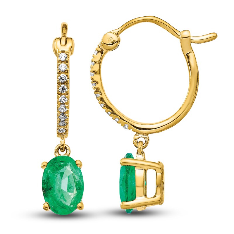 Main Image 1 of Natural Emerald Hoop Dangle Earrings 1/10 ct tw Diamonds 14K Yellow Gold