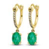 Thumbnail Image 2 of Natural Emerald Hoop Dangle Earrings 1/10 ct tw Diamonds 14K Yellow Gold