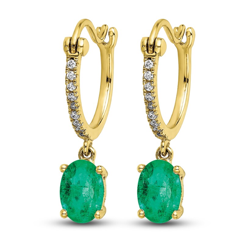 Main Image 2 of Natural Emerald Hoop Dangle Earrings 1/10 ct tw Diamonds 14K Yellow Gold
