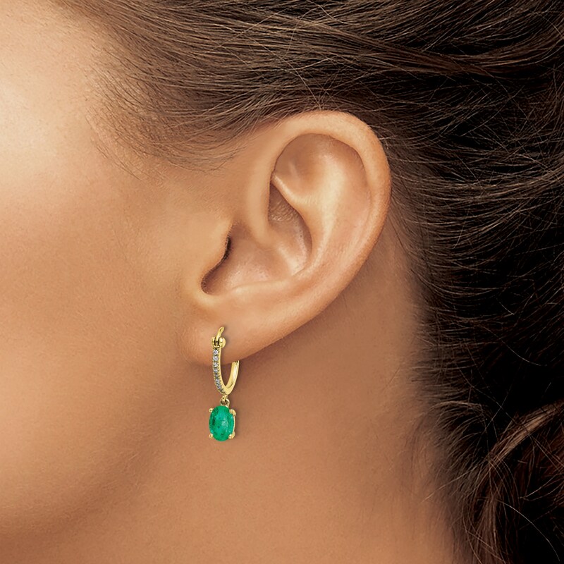 Main Image 3 of Natural Emerald Hoop Dangle Earrings 1/10 ct tw Diamonds 14K Yellow Gold