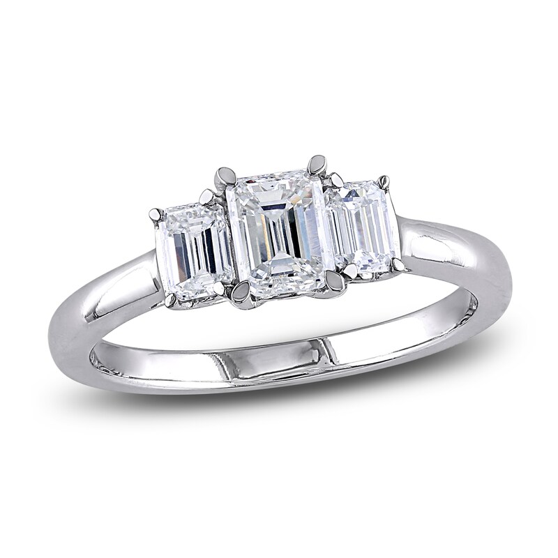 Main Image 1 of Diamond 3-Stone Engagement Ring 1 ct tw Emerald 14K White Gold