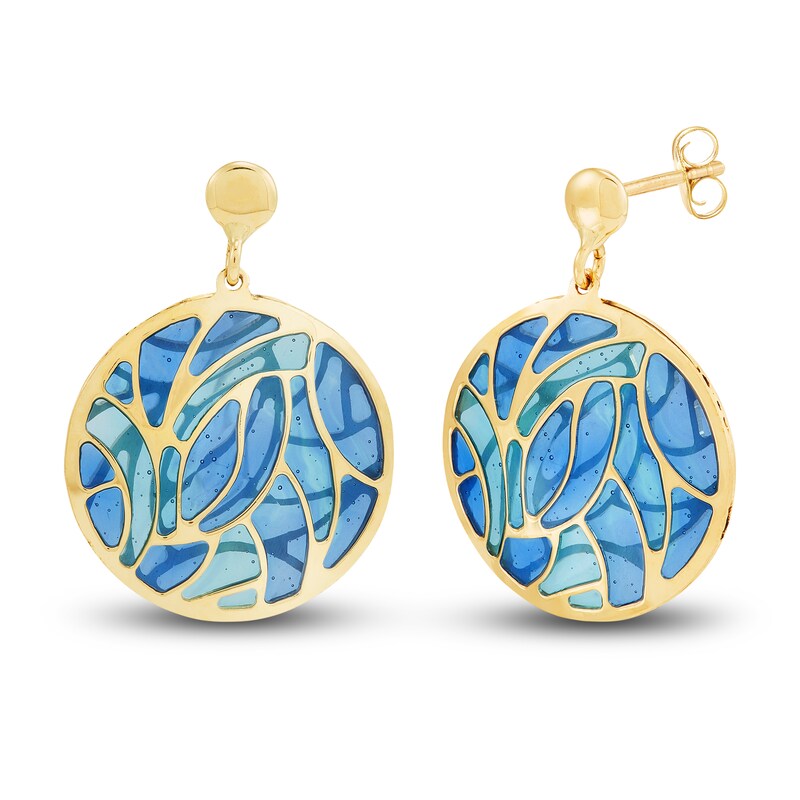 Main Image 1 of Italia D'Oro Disc Dangle Earrings Blue/Teal Enamel 14K Yellow Gold