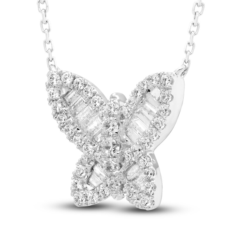 Diamond Butterfly Pendant Necklace 1/2 ct tw Baguette/Round 14K White Gold 18"