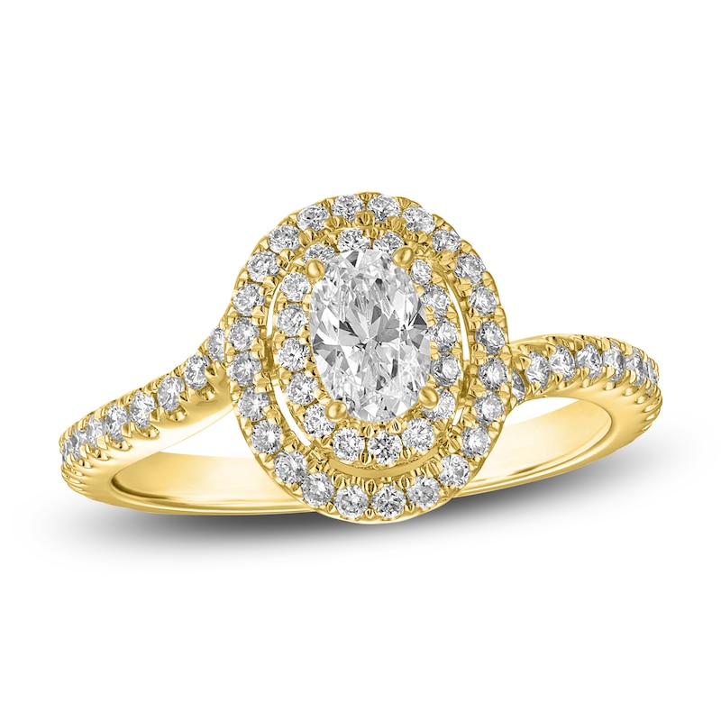 Main Image 1 of Oval & Round-Cut Diamond Double Halo Engagement Ring 7/8 ct tw 14K Yellow Gold