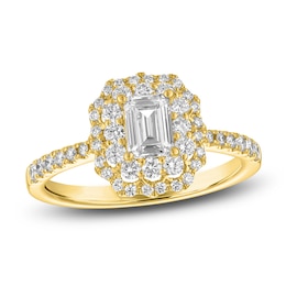 Emerald & Round-Cut Diamond Double Halo Engagement Ring 1 ct tw 14K Yellow Gold