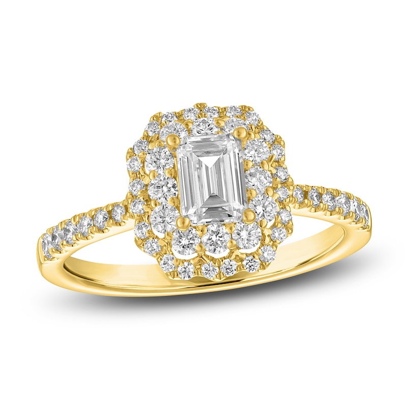 Main Image 1 of Emerald & Round-Cut Diamond Double Halo Engagement Ring 1 ct tw 14K Yellow Gold