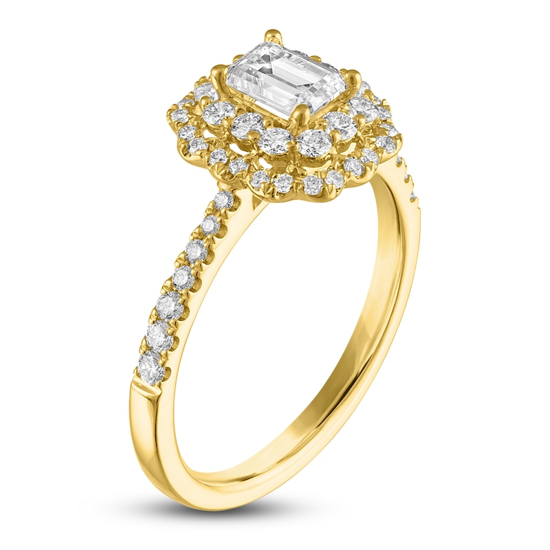 Main Image 2 of Emerald & Round-Cut Diamond Double Halo Engagement Ring 1 ct tw 14K Yellow Gold