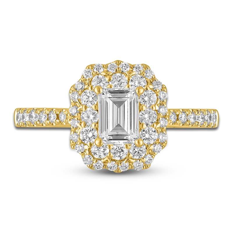 Main Image 3 of Emerald & Round-Cut Diamond Double Halo Engagement Ring 1 ct tw 14K Yellow Gold