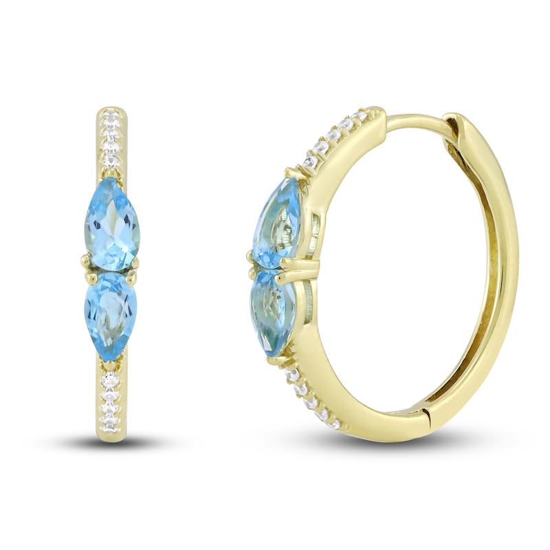 Main Image 1 of Natural Blue Topaz & Diamond Hoop Earrings 1/10 ct tw 10K Yellow Gold