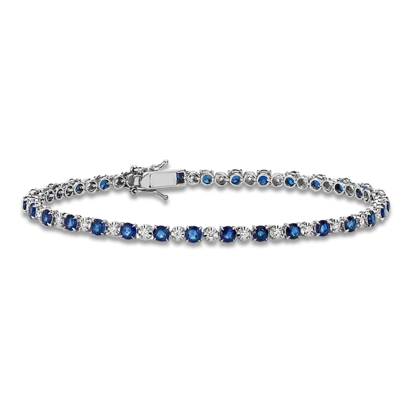Main Image 1 of Natural Blue Sapphire & Tennis Diamond Bracelet 1/3 ct tw 14K White Gold 7"