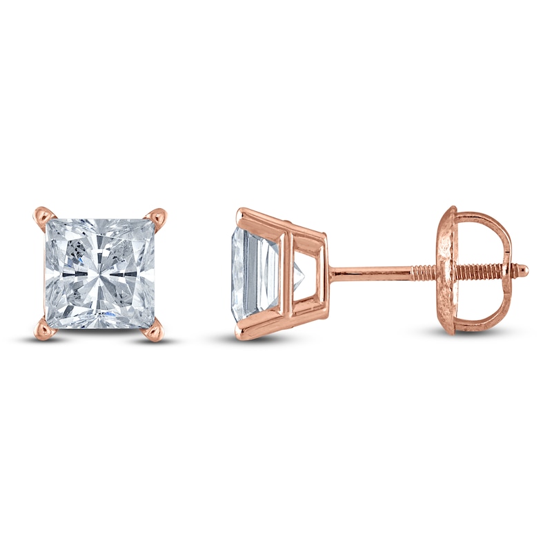 Main Image 1 of Princess-Cut Lab-Grown Diamond Solitaire Stud Earrings 1/2 ct tw 14K Rose Gold (F/SI2)