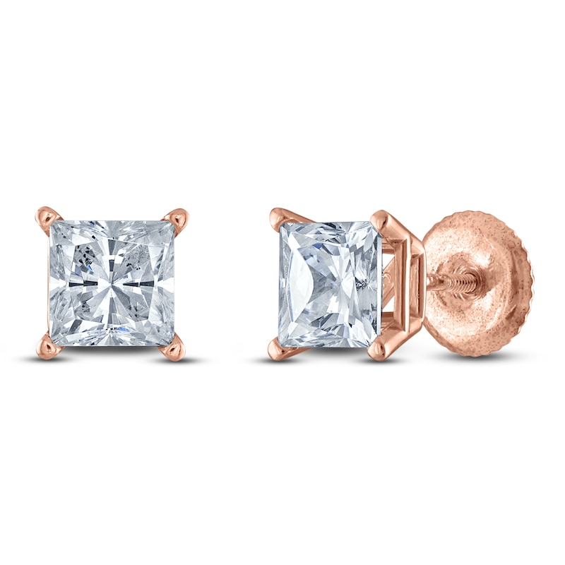 Main Image 2 of Princess-Cut Lab-Grown Diamond Solitaire Stud Earrings 1/2 ct tw 14K Rose Gold (F/SI2)