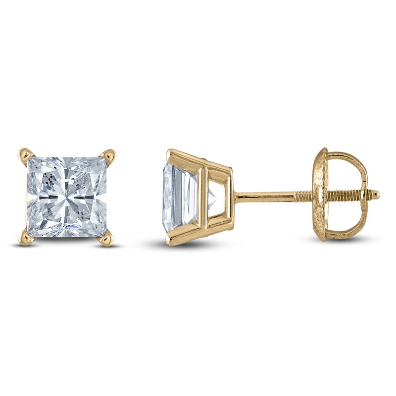 Main Image 1 of Princess-Cut Lab-Created Diamond Solitaire Stud Earrings 3/4 ct tw 14K Yellow Gold (F/SI2)