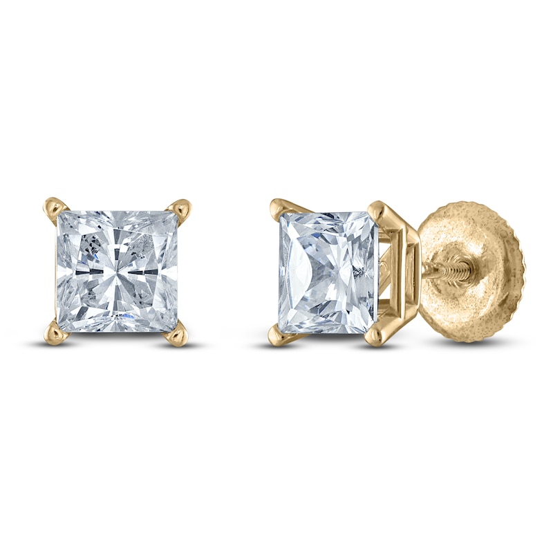 Main Image 2 of Princess-Cut Lab-Created Diamond Solitaire Stud Earrings 3/4 ct tw 14K Yellow Gold (F/SI2)