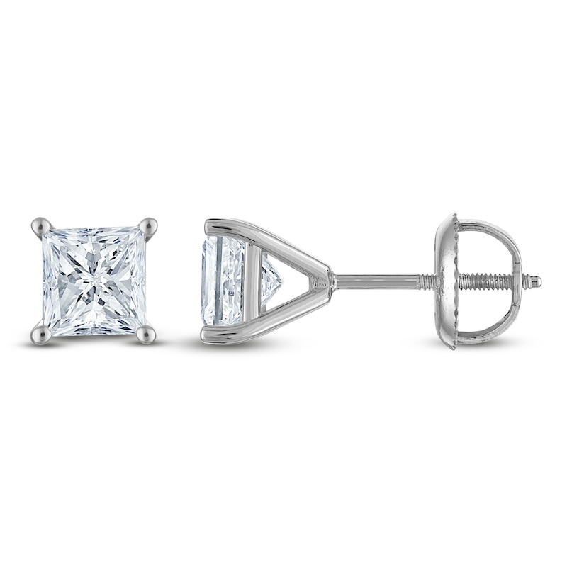 Main Image 1 of Certified Princess-Cut Diamond Solitaire Stud Earrings 1-3/8 ct tw 18K White Gold (SI2/I)