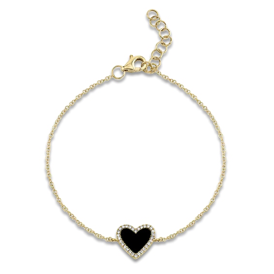 Shy Creation Heart-Shaped Natural Black Onyx & Diamond Bracelet 1/20 ct tw 14K Yellow Gold 7" SC55019297