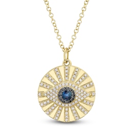 Shy Creation Natural Blue Sapphire, Black & White Diamond Eye Necklace 1/5 ct tw 14K Yellow Gold 18" SC55021961