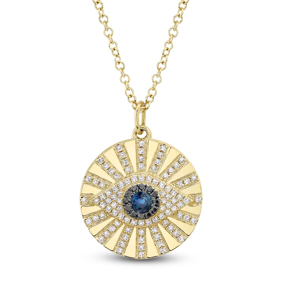Shy Creation Natural Blue Sapphire, Black & White Diamond Eye Necklace 1/5 ct tw 14K Yellow Gold 18" SC55021961