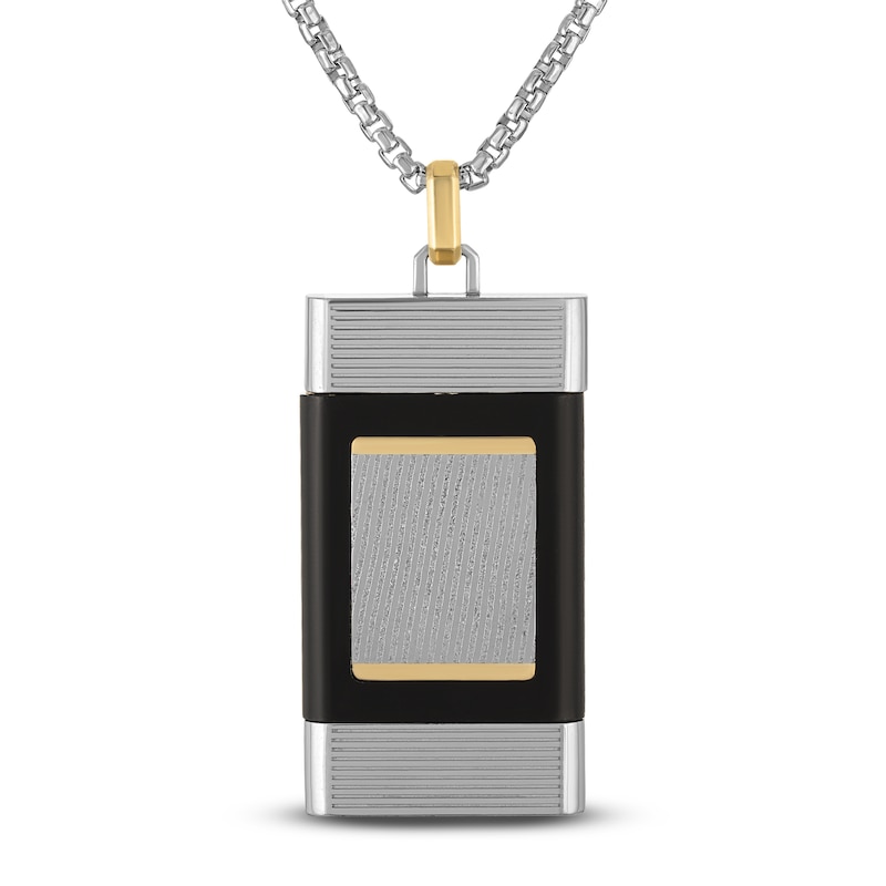 Main Image 1 of Forged by Jared Men's Rectangular Locket Necklace Damascus Steel, Sterling Silver & 18K Yellow Gold 24"