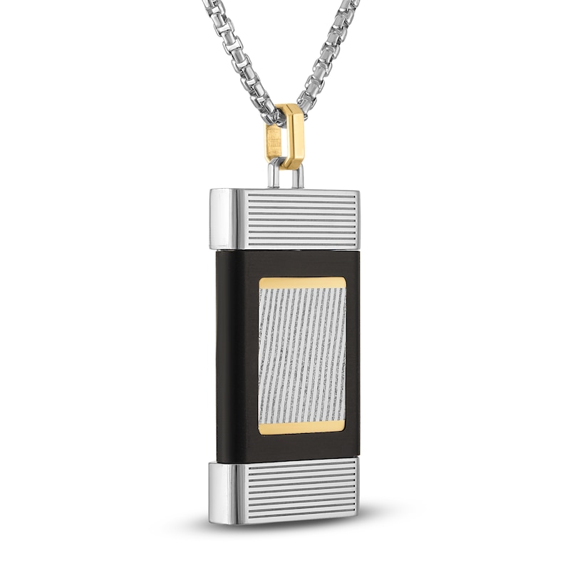 Main Image 2 of Forged by Jared Men's Rectangular Locket Necklace Damascus Steel, Sterling Silver & 18K Yellow Gold 24"