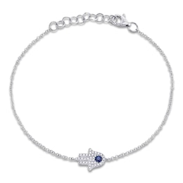 Shy Creation Natural Blue Sapphire & Diamond Hamsa Bracelet 1/15 ct tw 14K White Gold 7" J-SC55005294