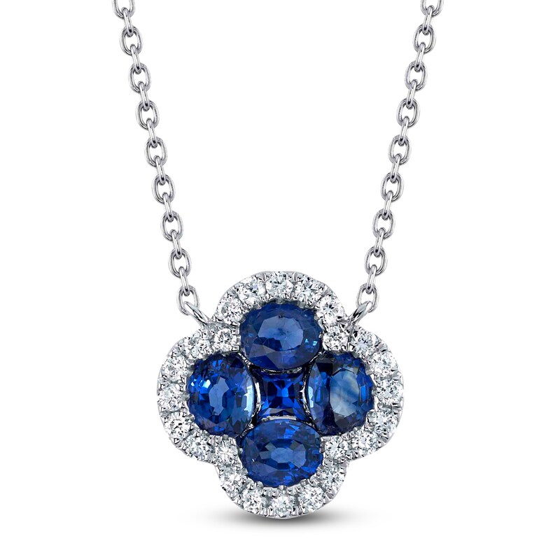 Main Image 1 of Shy Creation Natural Blue Sapphire & Diamond Quatrefoil Necklace 1/8 ct tw 14K White Gold 18" J-SC41002220
