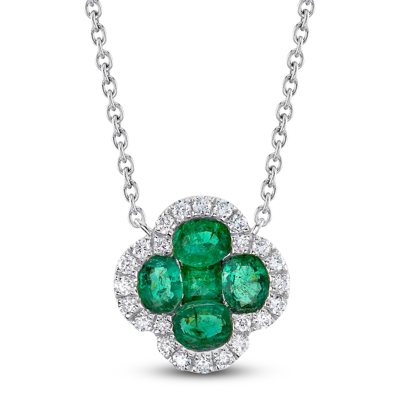 Main Image 1 of Shy Creation Natural Emerald & Diamond Quatrefoil Necklace 1/8 ct tw 14K White Gold 18" J-SC41002238