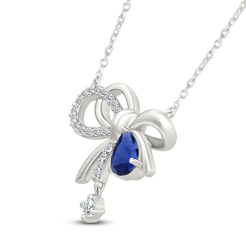 Main Image 2 of Pear-Shaped Blue Lab-Created Sapphire & White Lab-Created Sapphire Dangle Bow Necklace Sterling Silver 18"