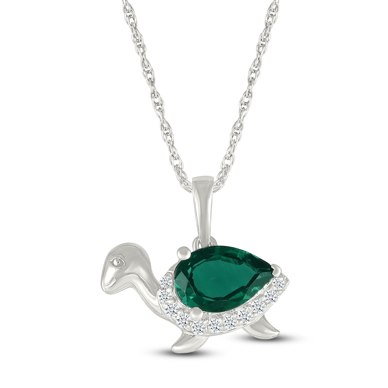 Main Image 1 of Pear-Shaped Lab-Created Emerald & White Lab-Created Sapphire Turtle Necklace Sterling Silver 18"
